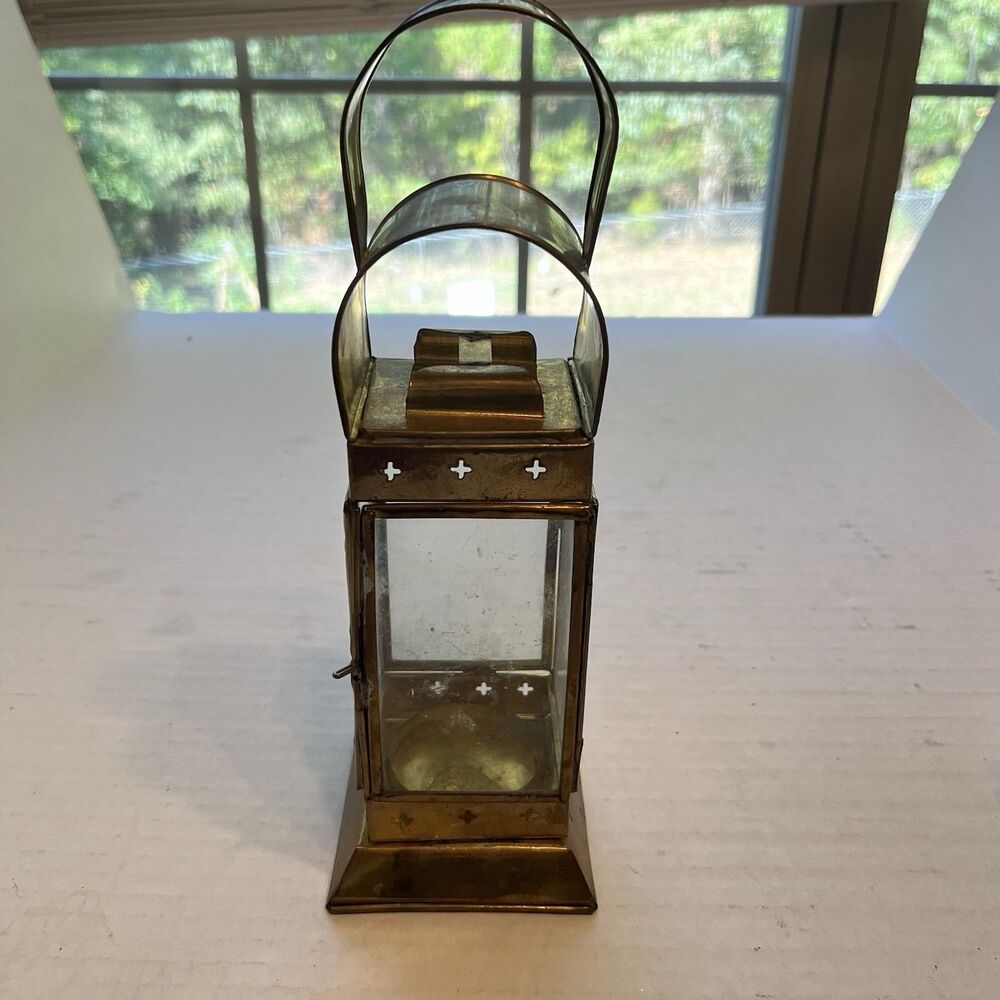Vintage Hand Crafted Brass Glass Candle Lantern Door